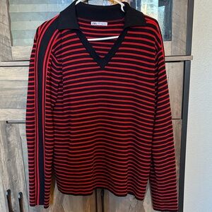 Zara Men's V-Neck Sweater in Red and Black Stripes